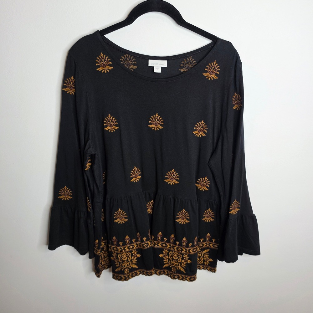 Pure Jill Embroidered Top Womens Medium Black Boho Peplum Bell Sleeve